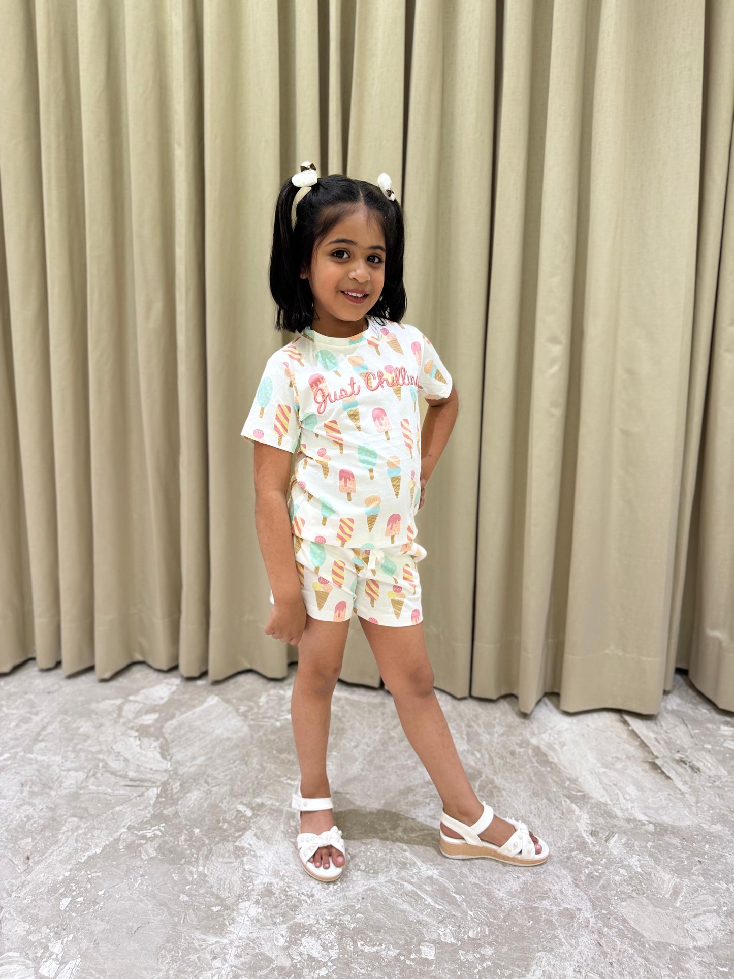 Playful White Icecream Casual wear Shorts Set