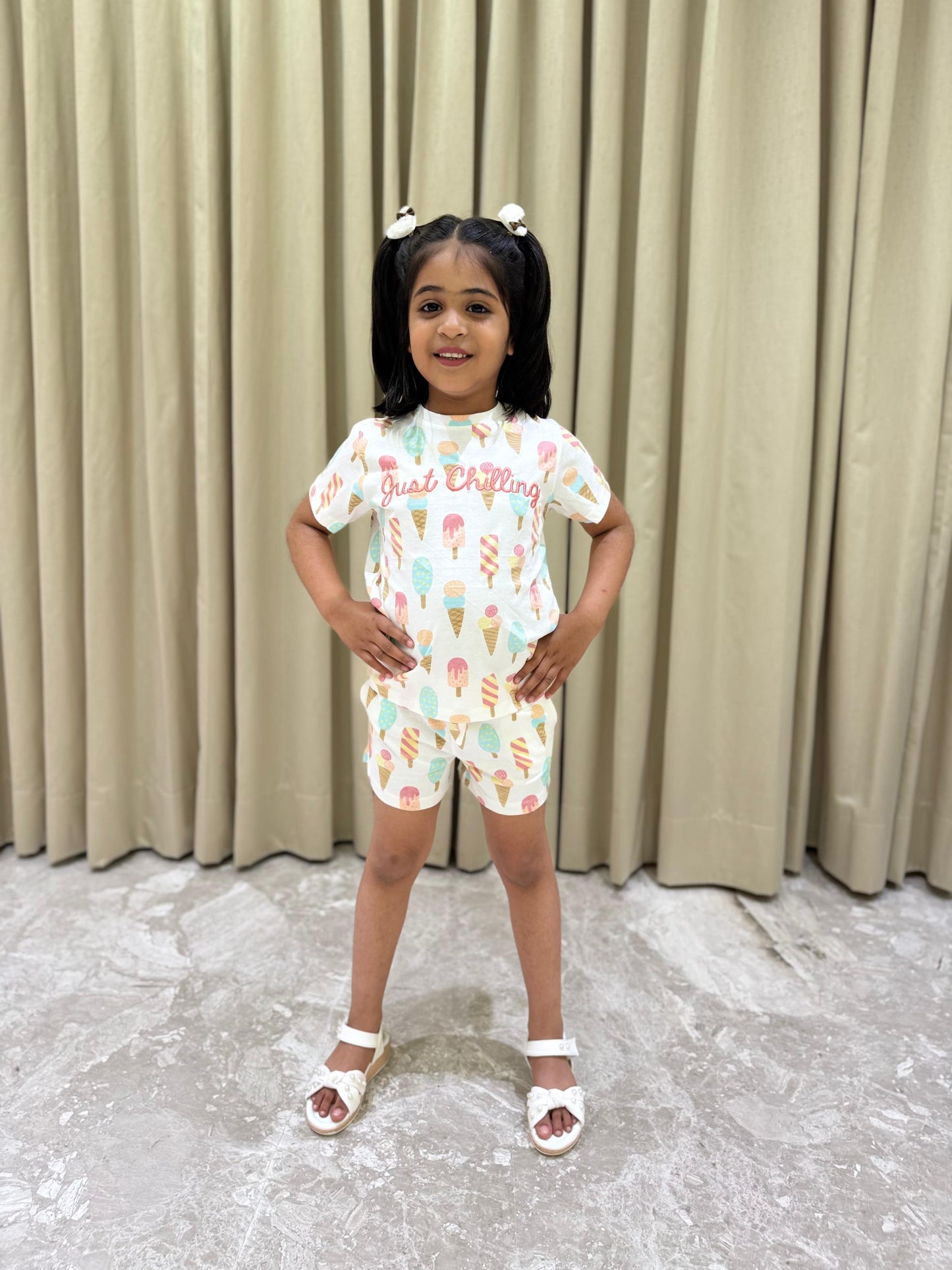 Playful White Icecream Casual wear Shorts Set