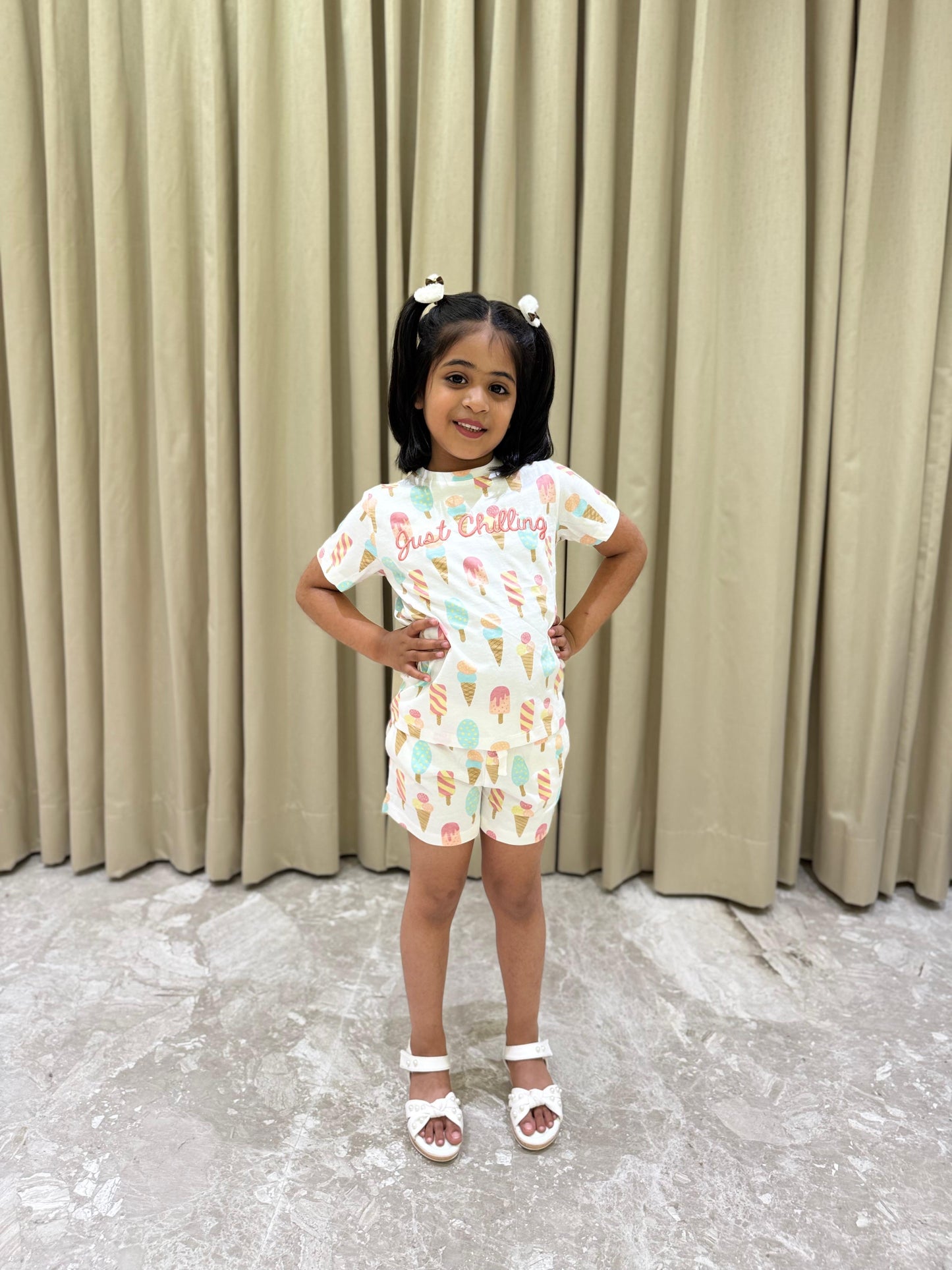 Playful White Icecream Casual wear Shorts Set